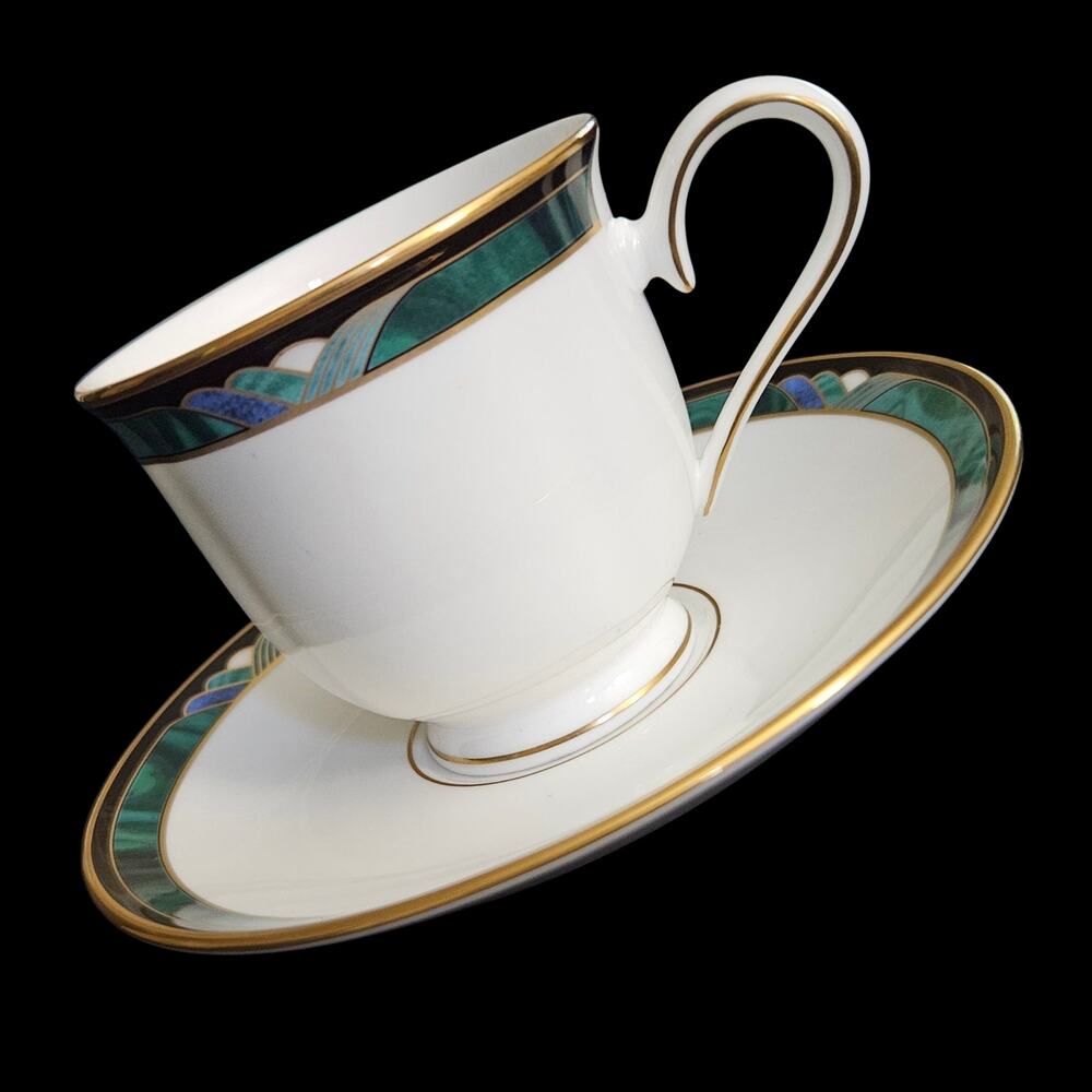 Lenox Kelly Fine Bone China Cup & Saucer Set of 4 Green Gold Trim USA
